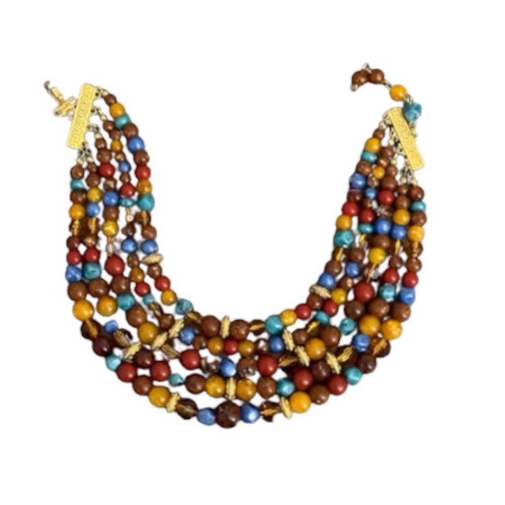 Vtg LCI Liz Claiborne Earth Tone Gold Bead 5 Strand Signed Necklace